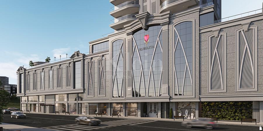 Fachada do embasamento do Rubelita Palace Residence em Itapema