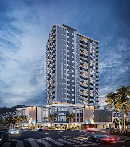 Fachada noturna do Triad UP! Soho no Tabuleiro dos Oliveiras em Itapema