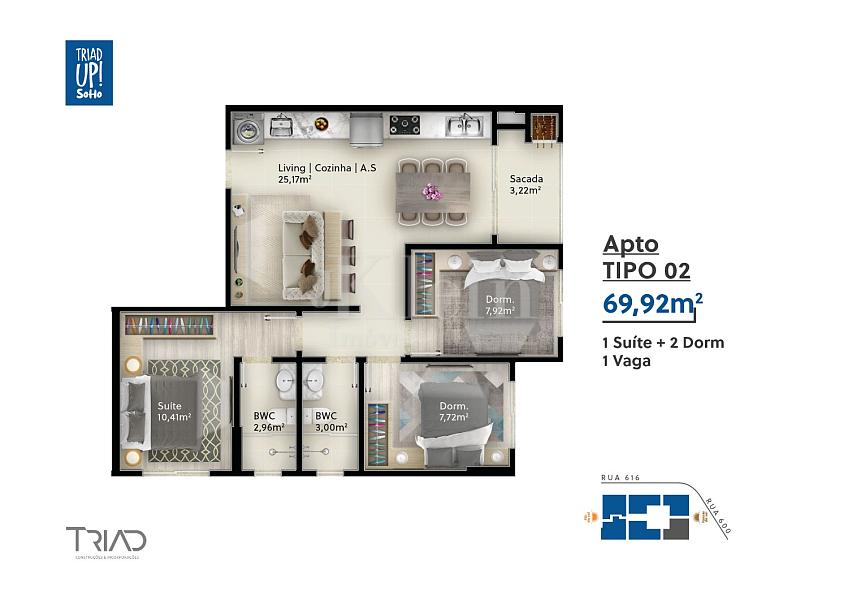 Planta dos apartamentos tipo 02 do Triad UP! Soho no Tabuleiro dos Oliveiras em Itapema