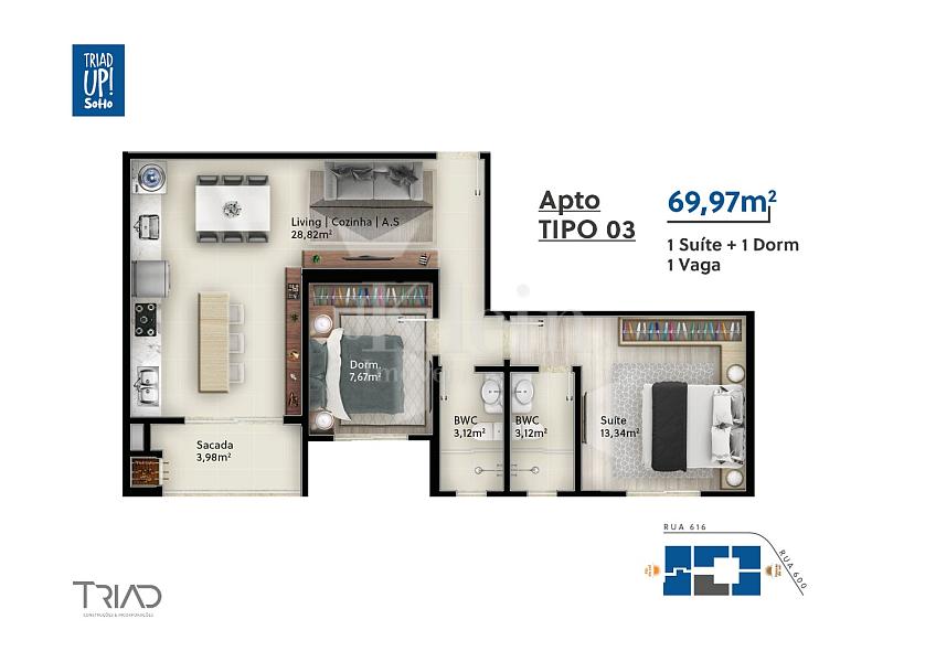 Planta dos apartamentos tipo 03 do Triad UP! Soho no Tabuleiro dos Oliveiras em Itapema
