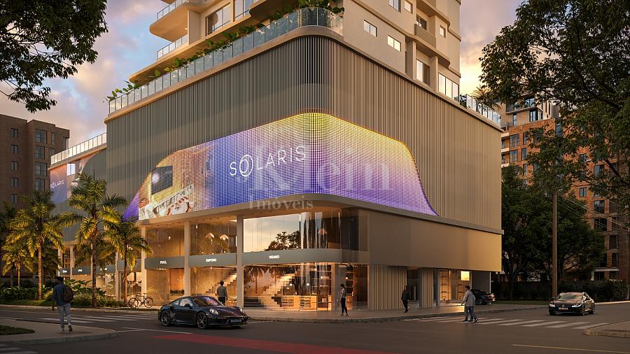 Fachada do embasamento do Solaris Residencial na Meia Praia em Itapema