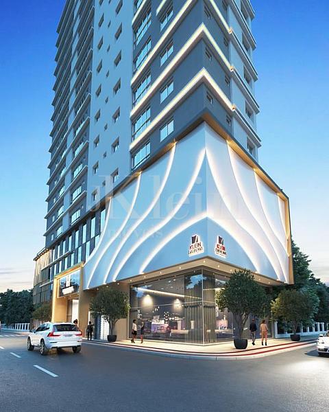 Fachada do embasamento do Charming Residence no Morretes em Itapema