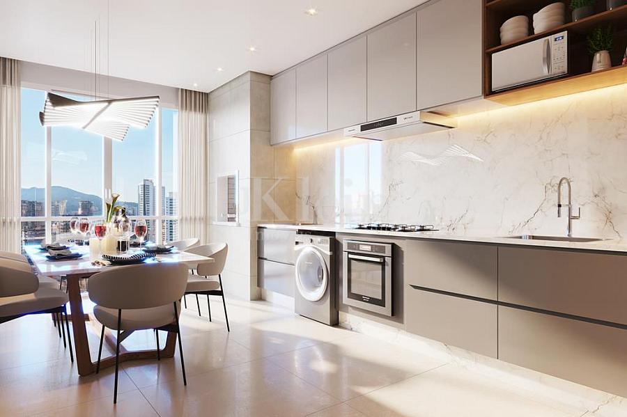 Sacada integrada com o living do apartamento do Charming Residence no Morretes em Itapema