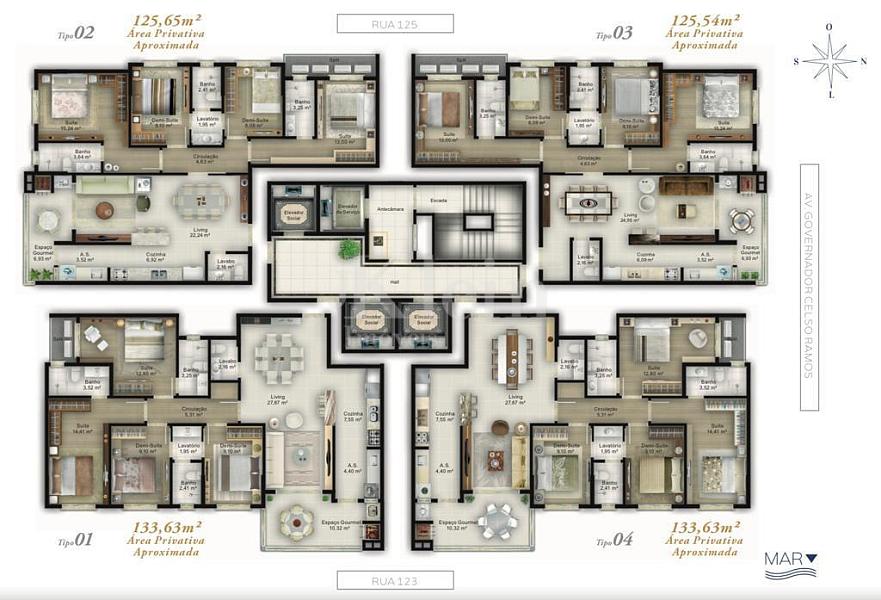 Planta dos apartamentos do New Village Home Club no Centro em Itapema