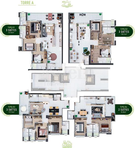 Planta tipo torre A do Reserva do Arvoredo Home Club Apartamento � venda em Balne�rio Perequ� - Porto Belo