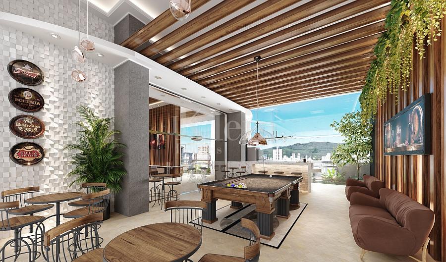 Sala de jogos com quiosque do The Porto Plaza � Balne�rio Perequ� em Porto Belo