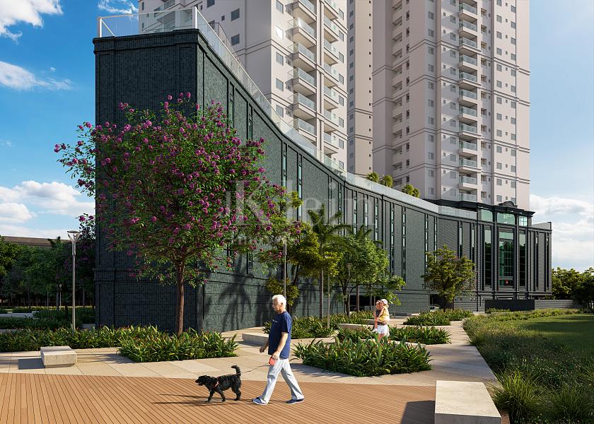 Fachada do embasamento do Green Ville Home Club na Meia Praia em Itapema