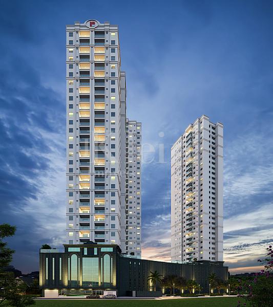 Fachada noturna do Green Ville Home Club na Meia Praia em Itapema