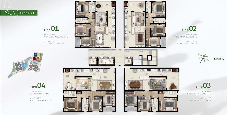 Planta dos apartamentos da torre 1 do Green Ville Home Club na Meia Praia em Itapema