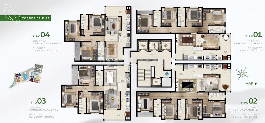 Planta dos apartamentos da torre 2 e 3 do Green Ville Home Club na Meia Praia em Itapema