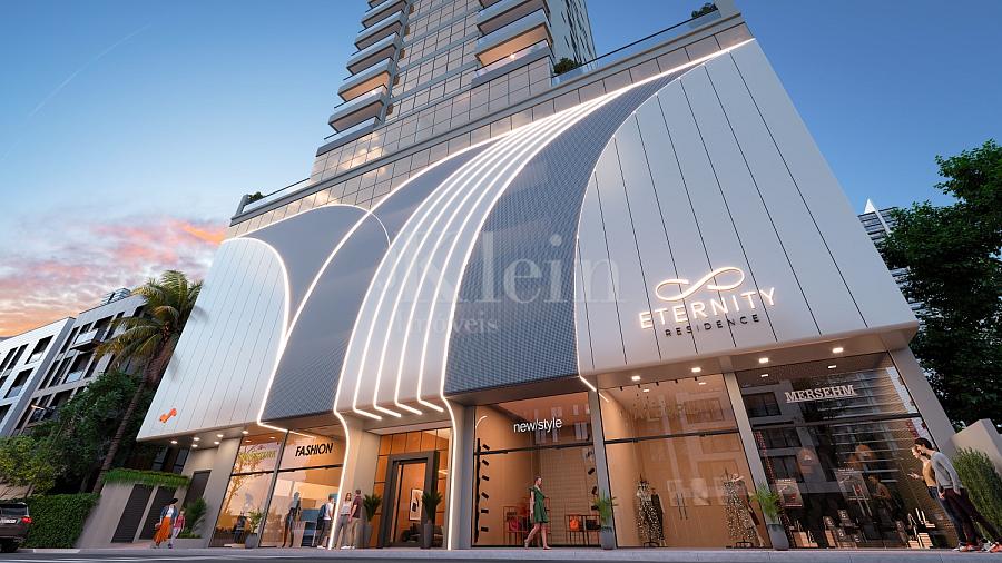 Fachada do embasamento do Eternity Residence na Meia Praia em Itapema