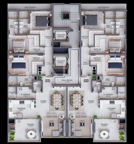 Planta dos apartamentos do Eternity Residence na Meia Praia em Itapema