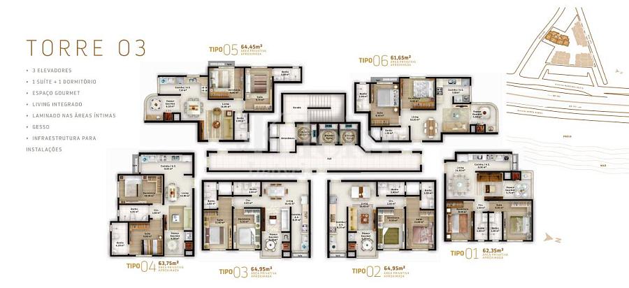 Planta dos apartamentos da torre 03 no Blue View Residence no Morretes em Itapema