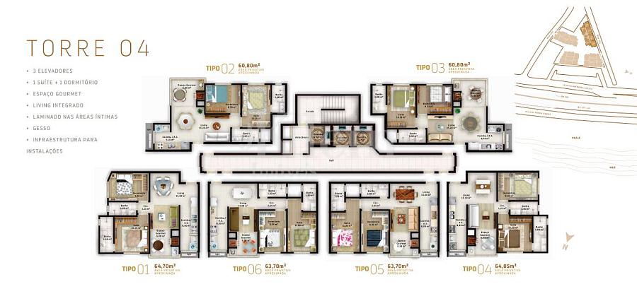 Planta dos apartamentos da torre 04 no Blue View Residence no Morretes em Itapema
