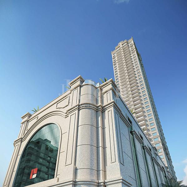 Fachada do embasamento do Algarve Residence na Meia Praia em Itapema