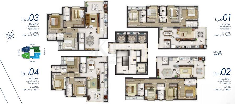 Planta dos apartamentos do Algarve Residence na Meia Praia em Itapema