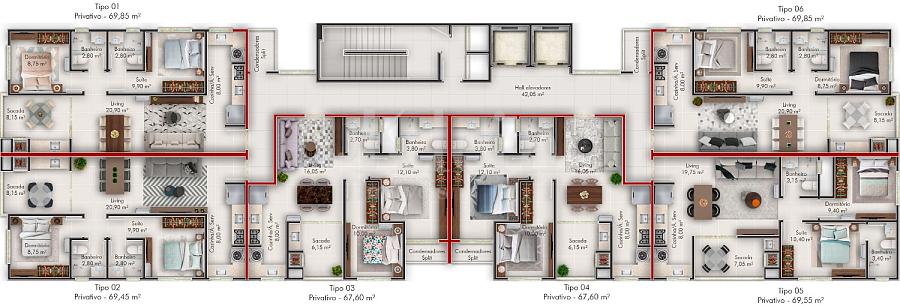 Planta dos apartamentos da torre A do Ilha Li Galli Residence no Morretes em Itapema