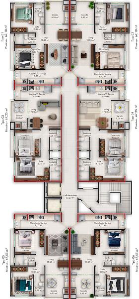 Planta dos apartamentos da torre C do Ilha Li Galli Residence no Morretes em Itapema
