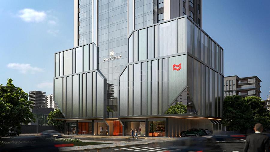 Fachada do embasamento do Sytonia na Meia Praia em Itapema